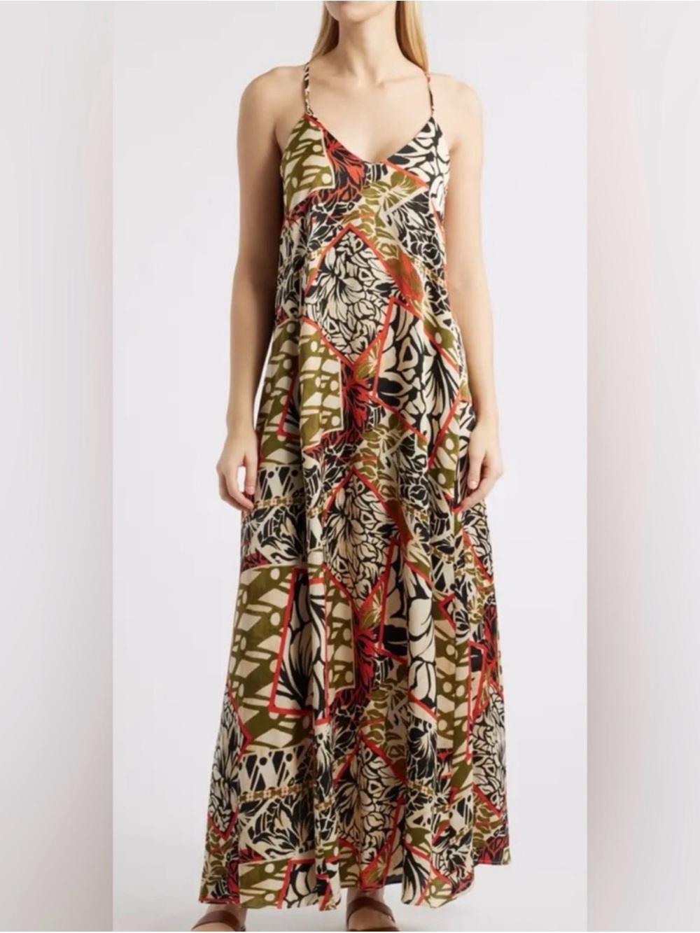 Tahari ASL Olive, Black, Coral & Cream Geometric Floral Maxi Skirt